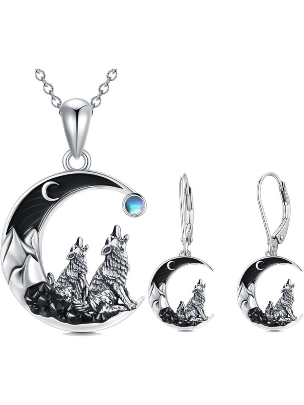 Crescent Moon Howling Wolf Pendant Necklace & Earrings Set, Sterling Silver